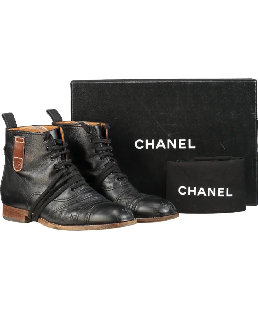 Chanel Black 2014 Interlocking CC Logo Lace-up Boots UK 5 EU 38 