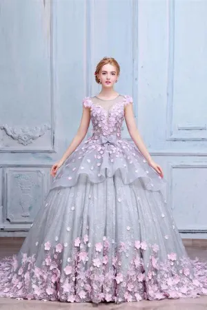 Luxury Ball Gown Scoop Neck Sweep Train Sleeveless Hand-Made Flower Long Tulle Prom Dress/Evening Dress OHC117