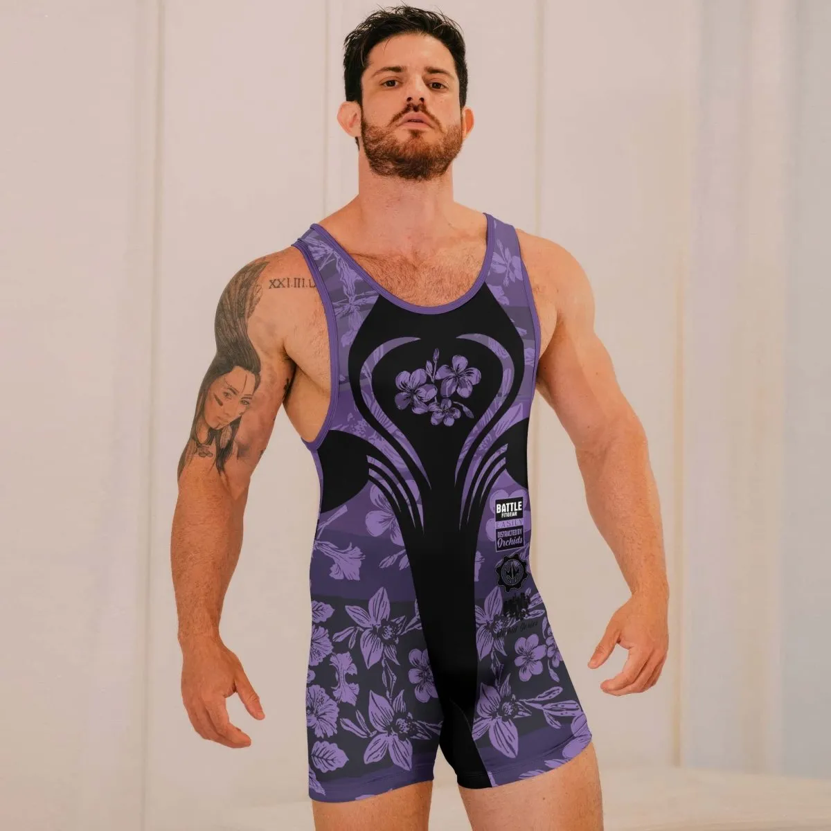 Orchid Series Floral Violet Heart Pattern Wrestling Singlets