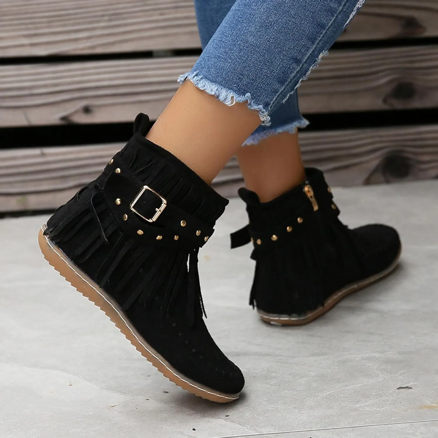 Womens Moccasins Fringe Ankle Boots Retro Tassel Fall Boots Fashion Suede Dress Boots Western Flat Heel Cowboy Boots