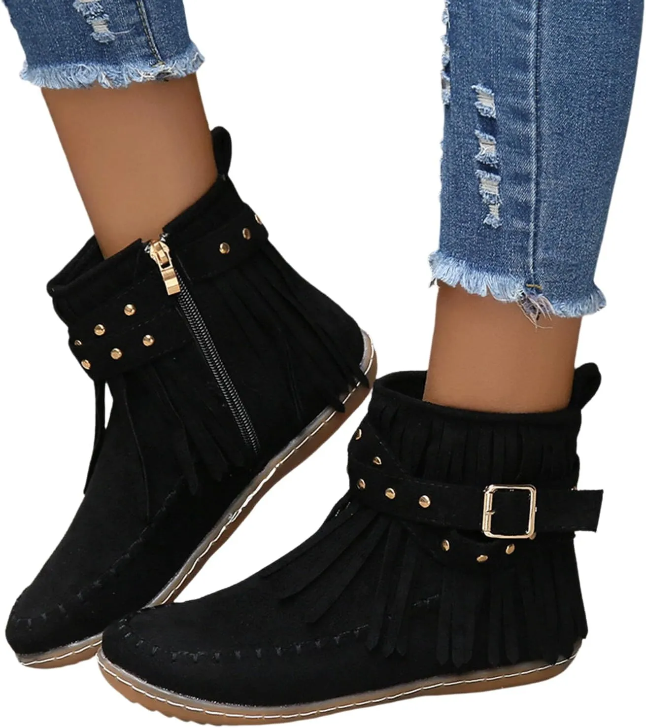 Womens Moccasins Fringe Ankle Boots Retro Tassel Fall Boots Fashion Suede Dress Boots Western Flat Heel Cowboy Boots