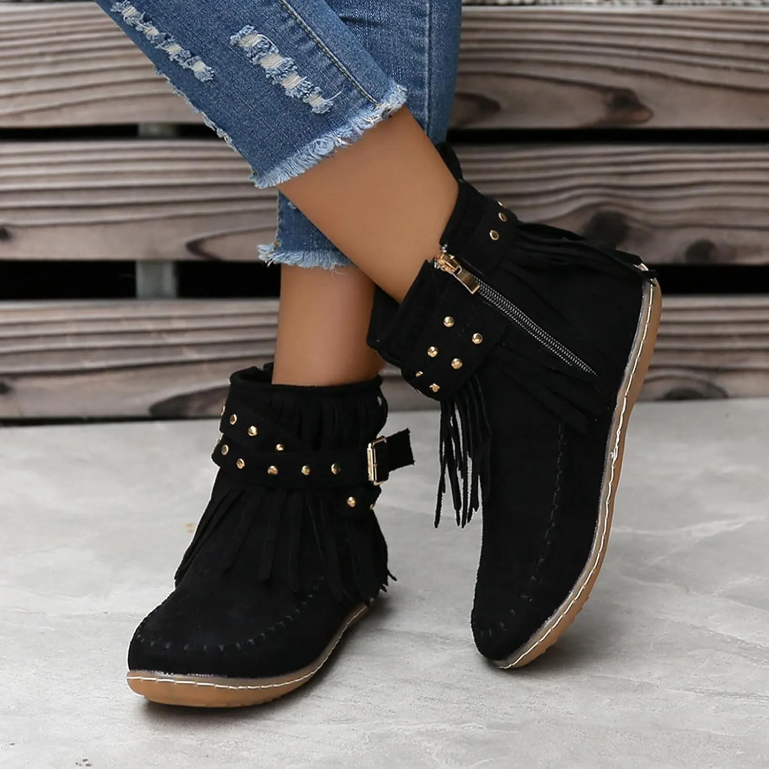 Womens Moccasins Fringe Ankle Boots Retro Tassel Fall Boots Fashion Suede Dress Boots Western Flat Heel Cowboy Boots
