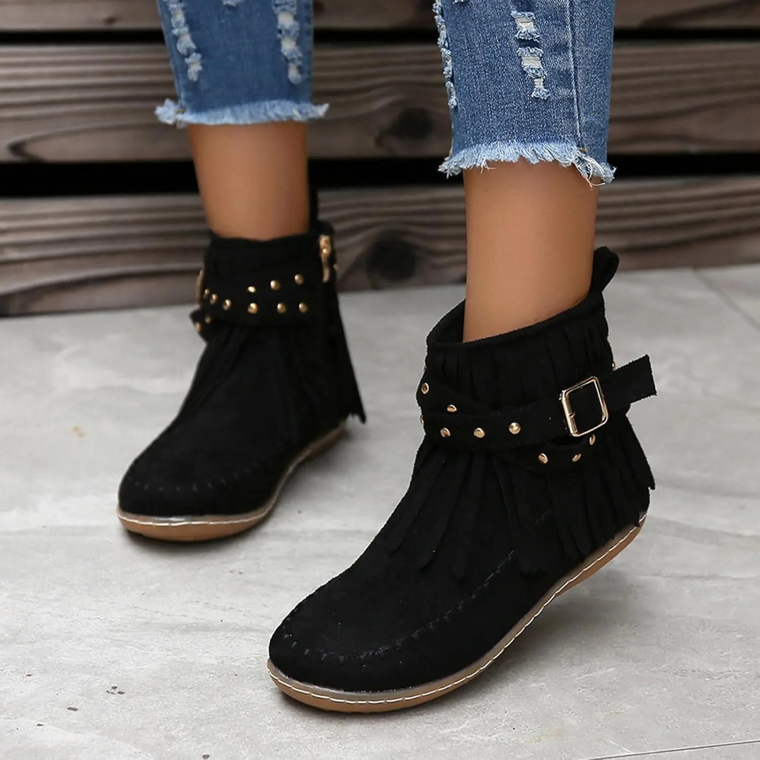 Womens Moccasins Fringe Ankle Boots Retro Tassel Fall Boots Fashion Suede Dress Boots Western Flat Heel Cowboy Boots